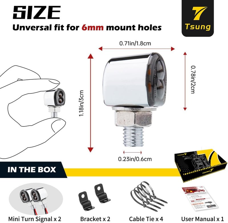 TSUNG Mini Motorcycle Turn Signals Light LED Micro Blinkers for Front/Rear Universal Aftermarket Small Indicator for Cafe Racer Bobber Cruiser Street Bikes (B-Chrome) - Image 2